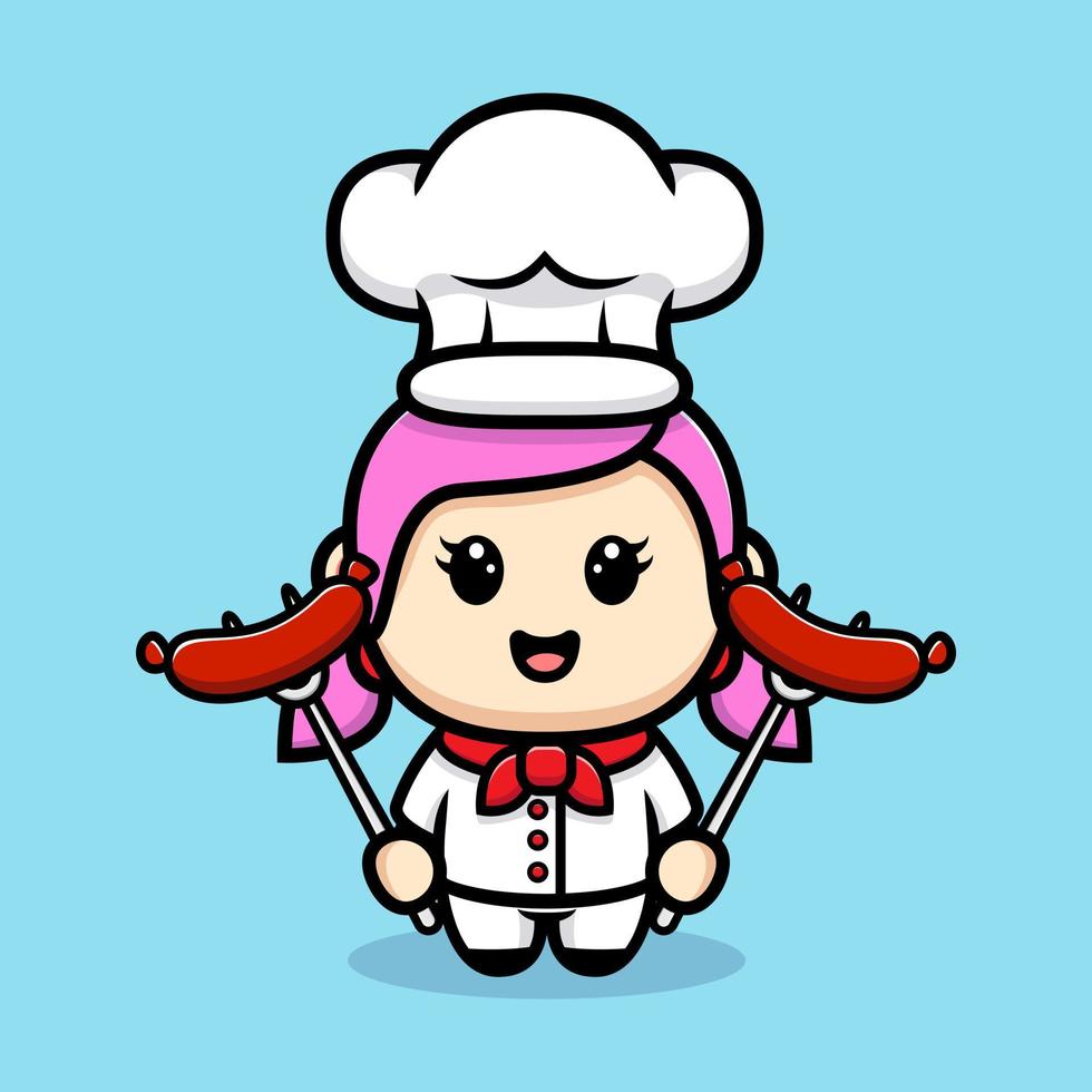 Cute girl chef sausage mascot design vector