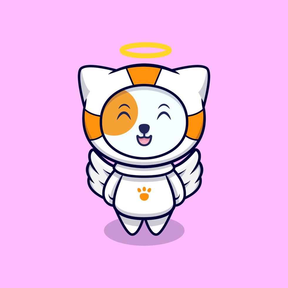 Lindo gato ángel con traje de astronauta ilustración de icono de vector de dibujos animados. estilo de dibujos animados plana