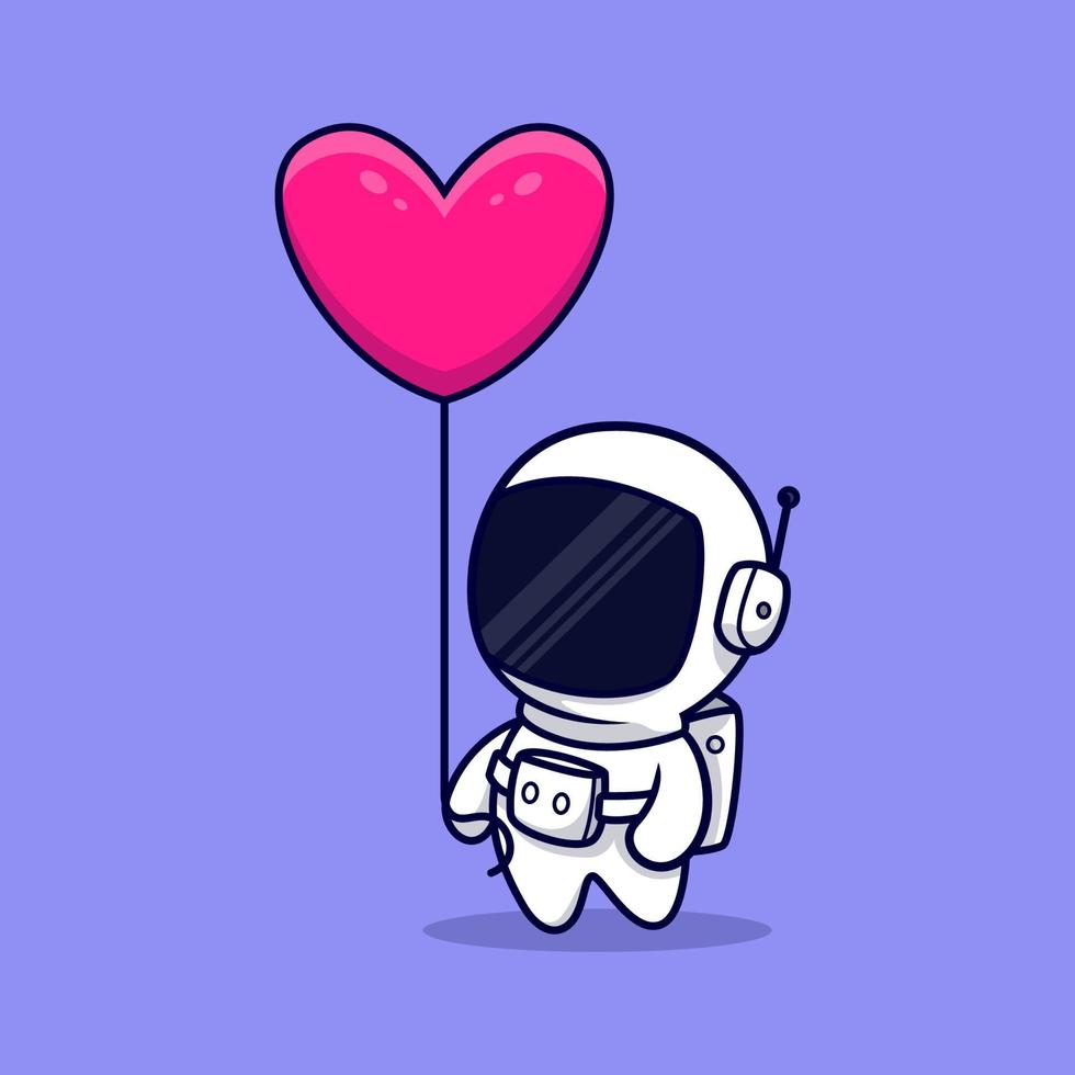 Cute Astronaut  Bring Heart Balloon Cartoon Vector Icon Illustration. Flat Cartoon Style