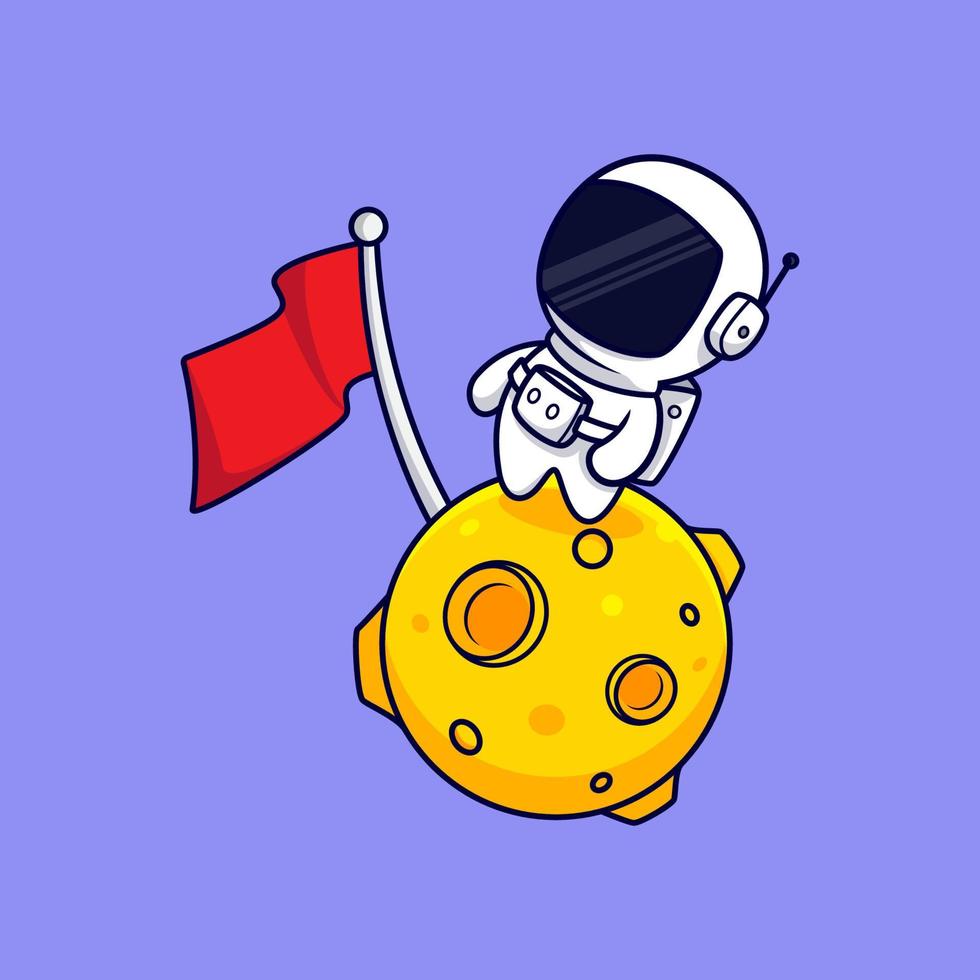 Cute Astronaut  Standing On The Moon Cartoon Vector Icon Illustration. Flat Cartoon Style