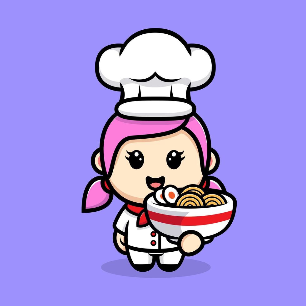 Linda chica chef con diseño de mascota de fideos ramen vector