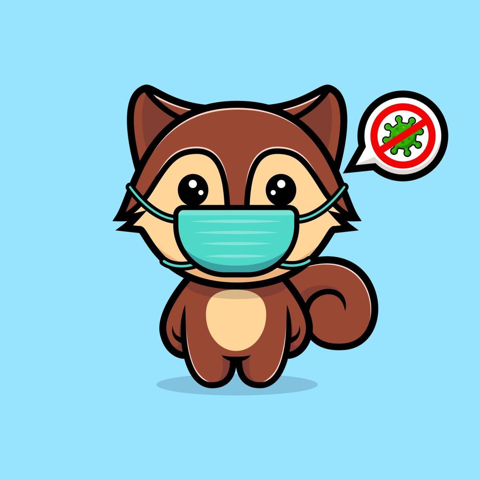 Linda ardilla con máscara para el personaje de la mascota del virus de prevención. Ilustración de icono de animal vector