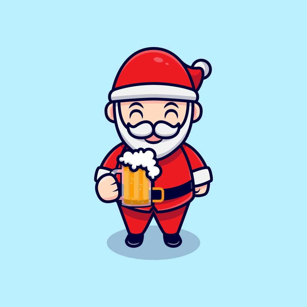 Cute Santa Claus Drinking Beer Mascot Cartoon Vector Illustration.