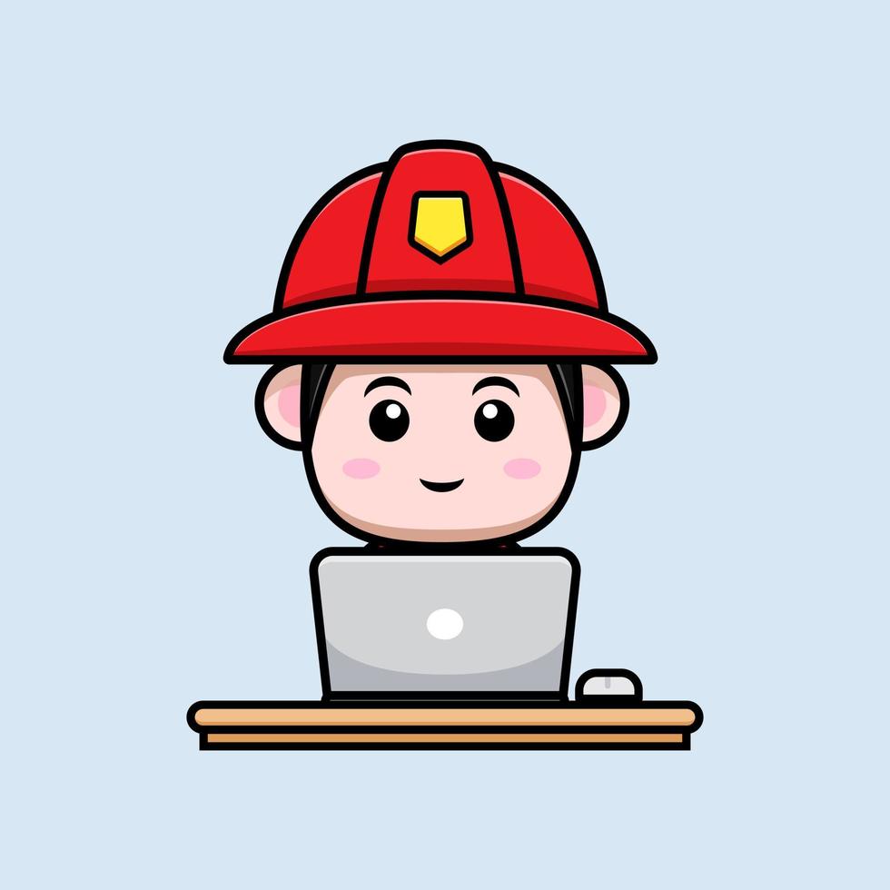 cute firefighter mascot cartoon icon. kawaii mascot character illustration for sticker, poster, animation, children book, or other digital and print product vector