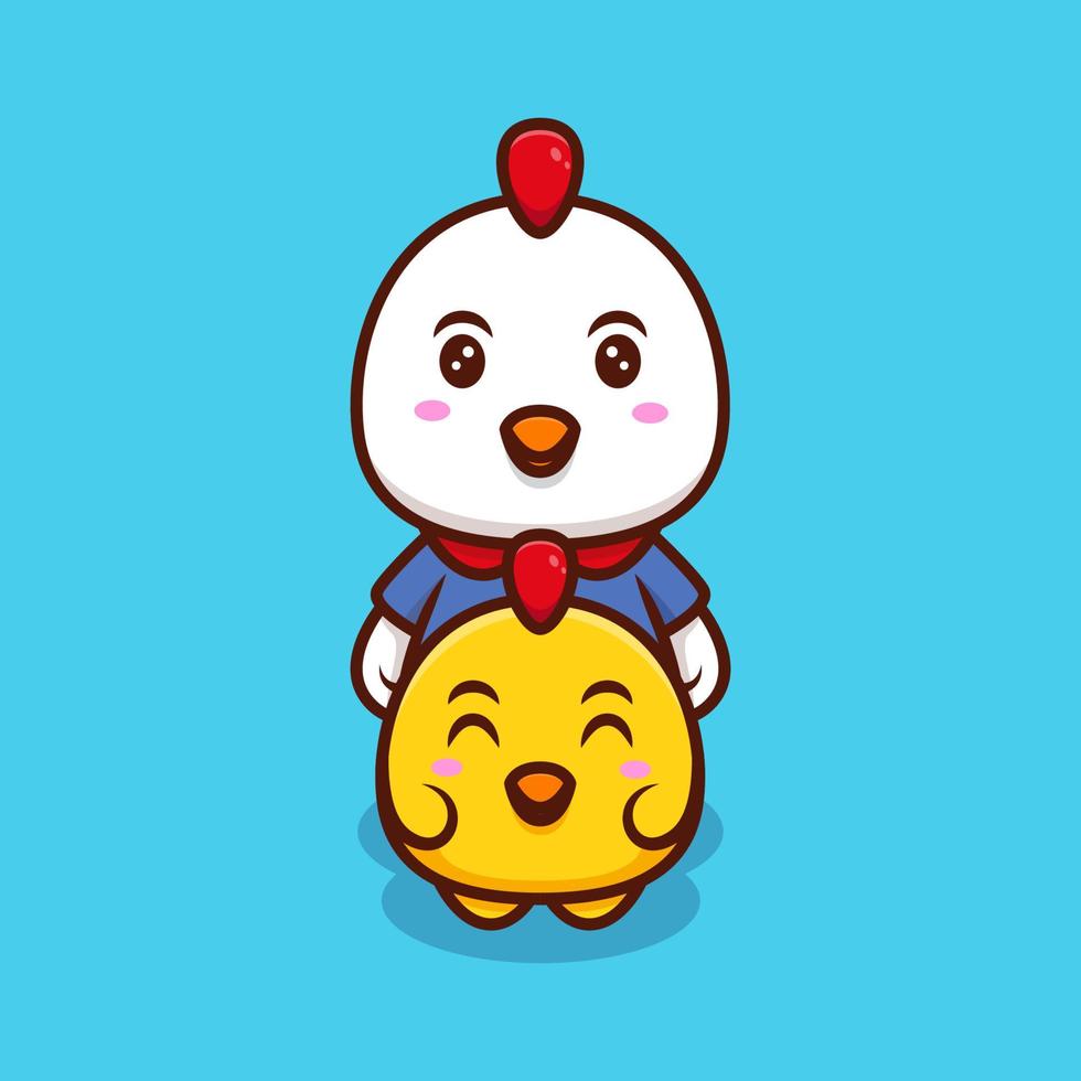 Cute Chicken and Chick Cartoon Icon Illustration. vector