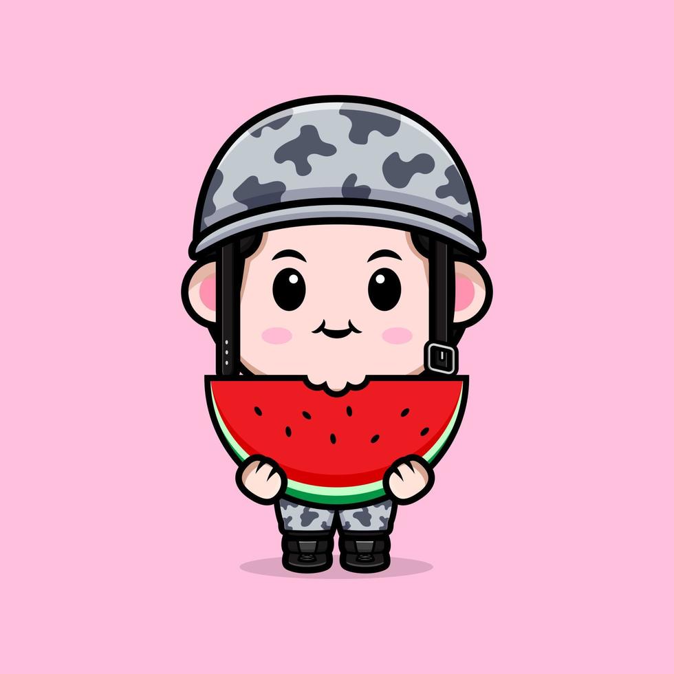 lindo icono de dibujos animados de la mascota del ejército. Ilustración de personaje de mascota kawaii para pegatina, póster, animación, libro para niños u otro producto digital e impreso vector