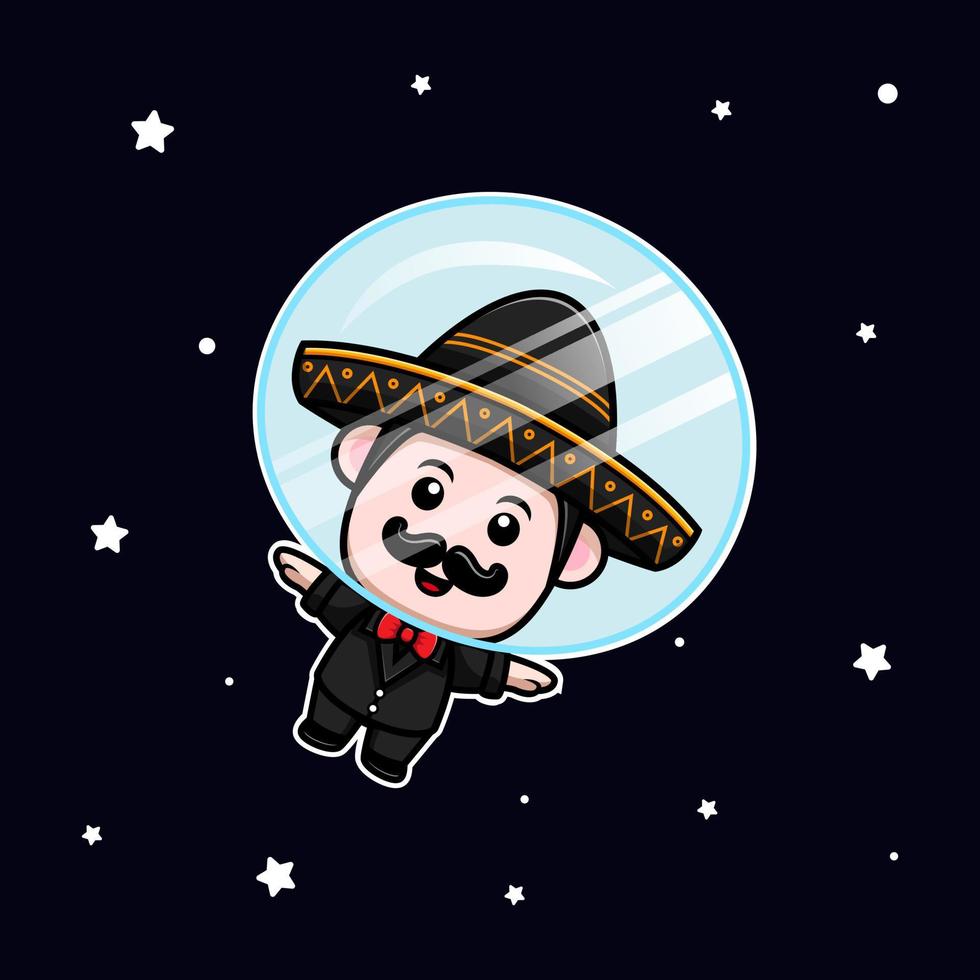 Lindo icono de dibujos animados de la mascota de mariachi mexicano. Ilustración de personaje de mascota kawaii para pegatina, póster, animación, libro para niños u otro producto digital e impreso vector