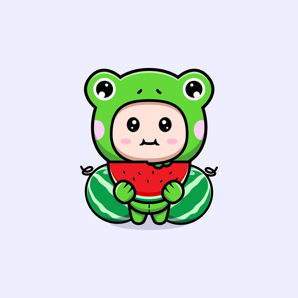 Design of cute boy wearing frog costume eating watermelon fruit vector