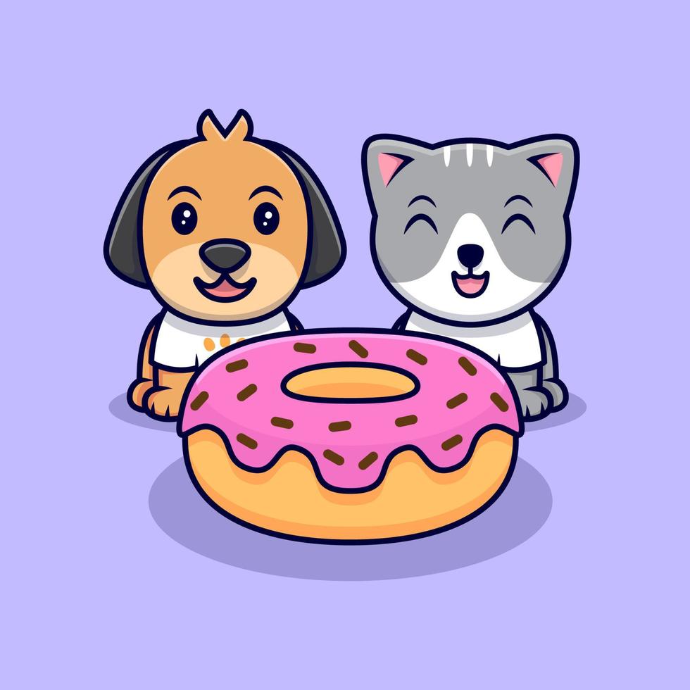 Cute Cat and Dog Eating Donuts Cartoon Vector Icon Illustration. Flat Cartoon Style