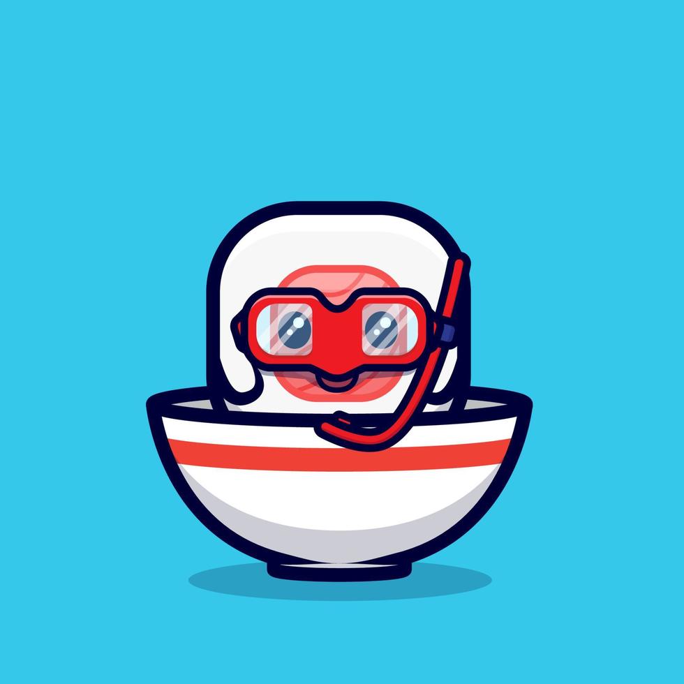 Cute Sushi Roll Swimming  in The Bowl Cartoon Vector Icon Illustration