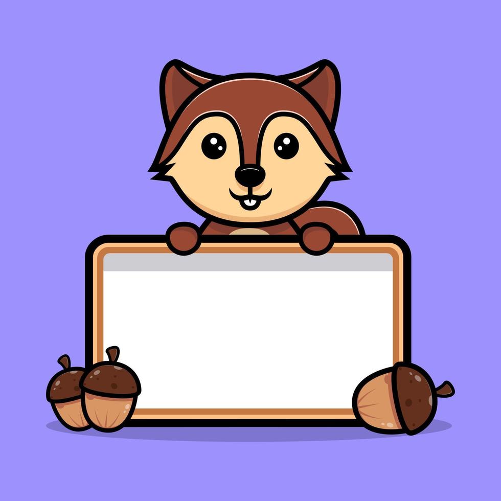 Ardilla linda que sostiene el carácter de la mascota del tablero de texto en blanco. Ilustración de icono de animal vector