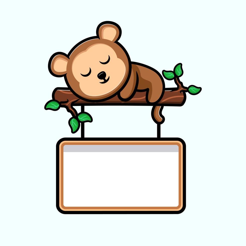 Cute monkey sleeping on tree with blank text board cartoon mascot vector