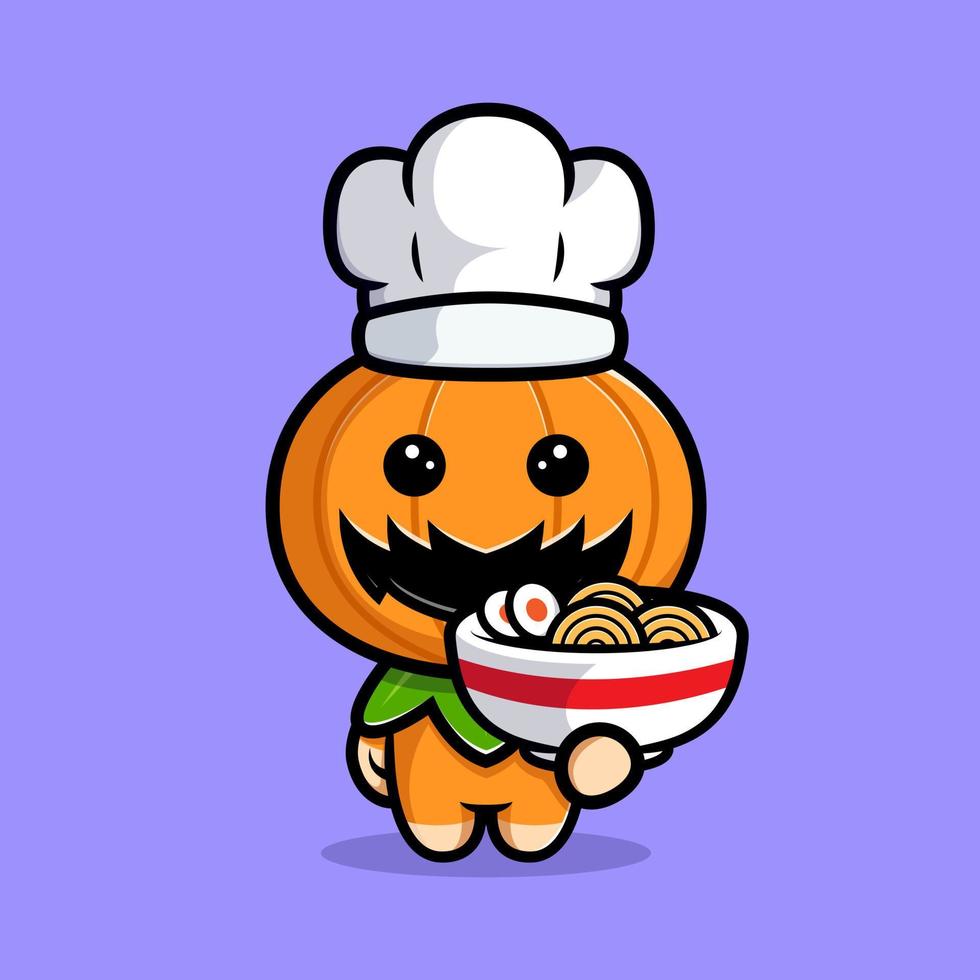 Cute pumpkin chef character make a ramen noodle cartoon illustration vector