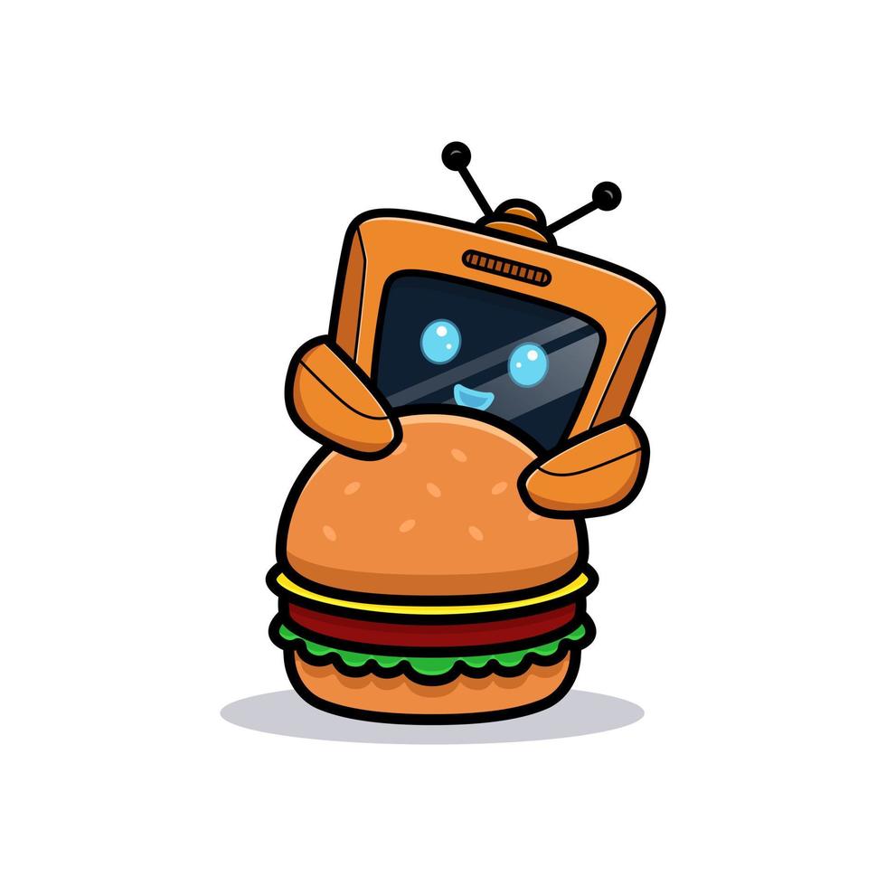 Cute robot behind burger, television character version vector