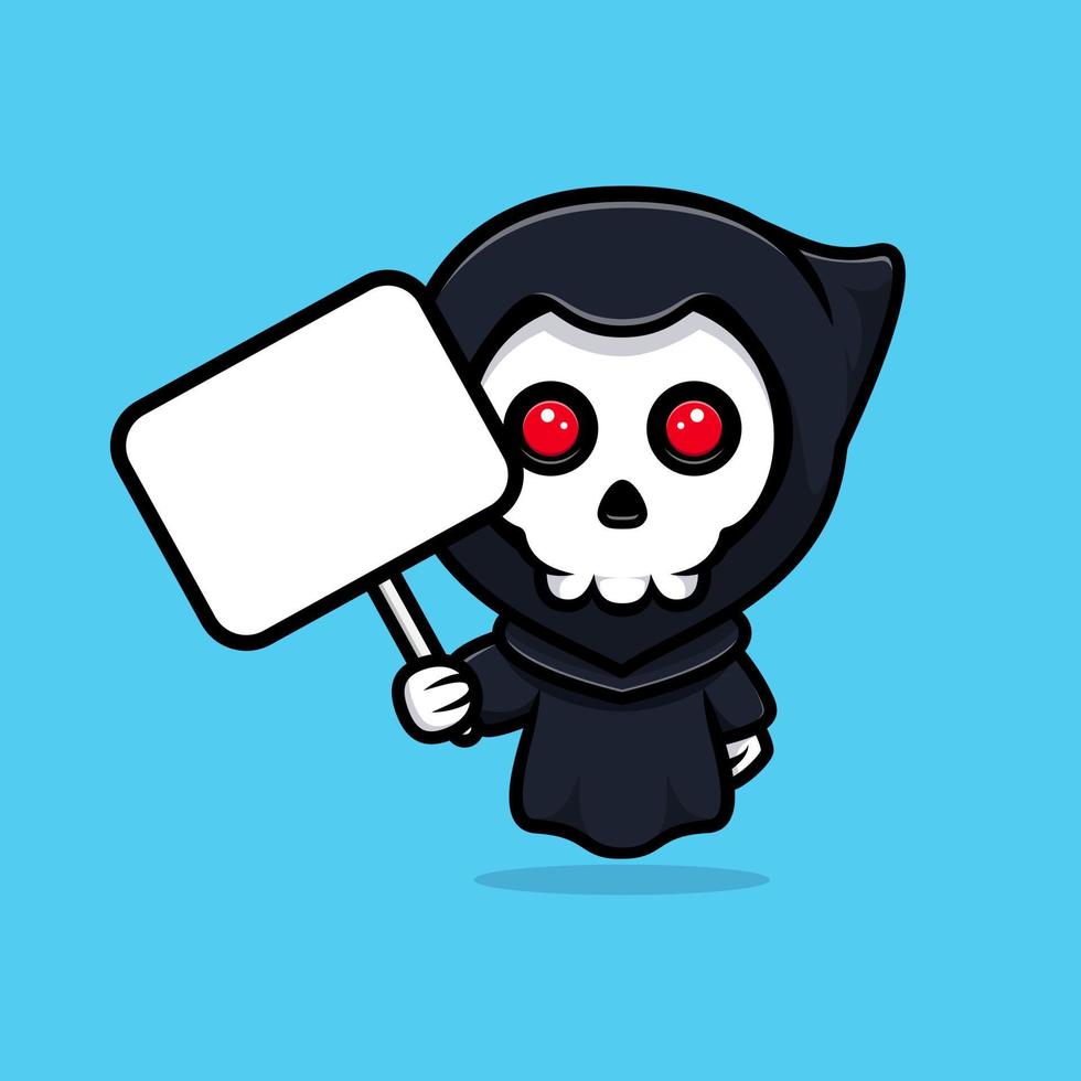 Grim reaper holding holding blank text page. Cute mascot illustration vector