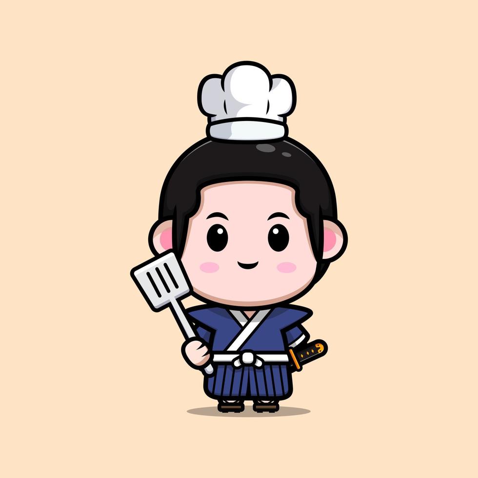 Lindo icono de dibujos animados de mascota de niño samurai. Ilustración de personaje de mascota kawaii para pegatina, póster, animación, libro para niños u otro producto digital e impreso vector