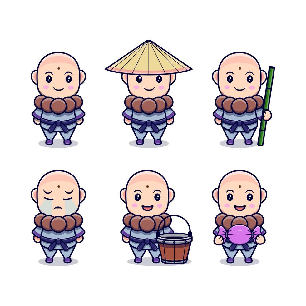 Cute Kungfu Boy with Different Expressions Set Cartoon Vector Icon Illustration. Flat Cartoon Style Suitable for Story Book, Flyer, Sticker, Card