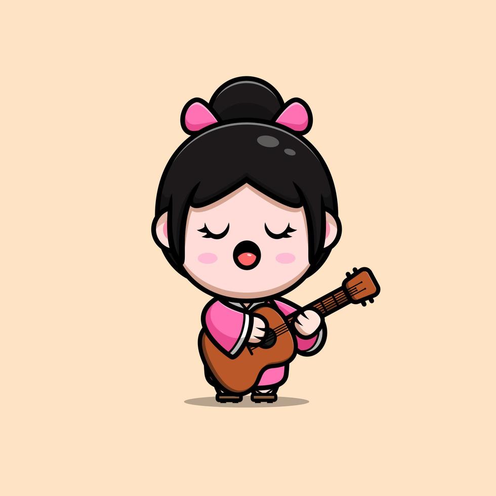 Linda chica con icono de dibujos animados de mascota de kimono. Ilustración de personaje de mascota kawaii para pegatina, póster, animación, libro para niños u otro producto digital e impreso vector