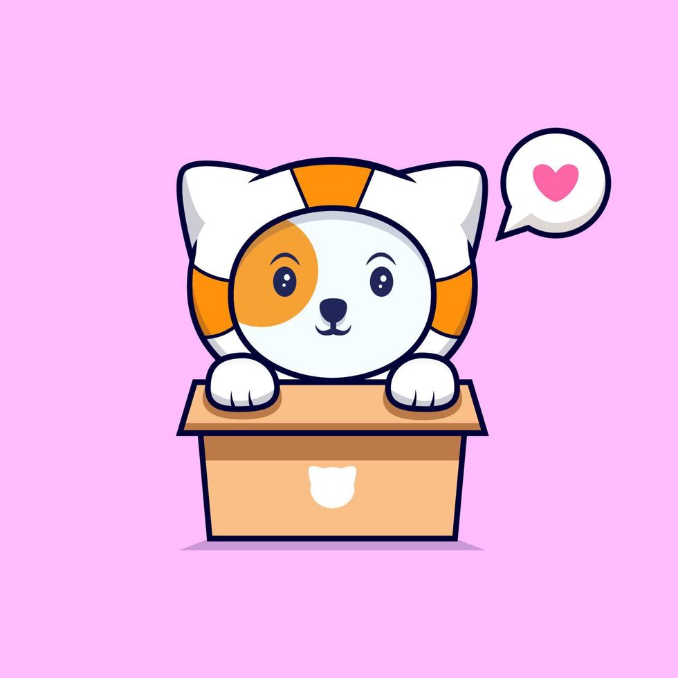 Lindo gato astronauta en caja de cartón con ilustración de icono de vector de dibujos animados. estilo de dibujos animados plana