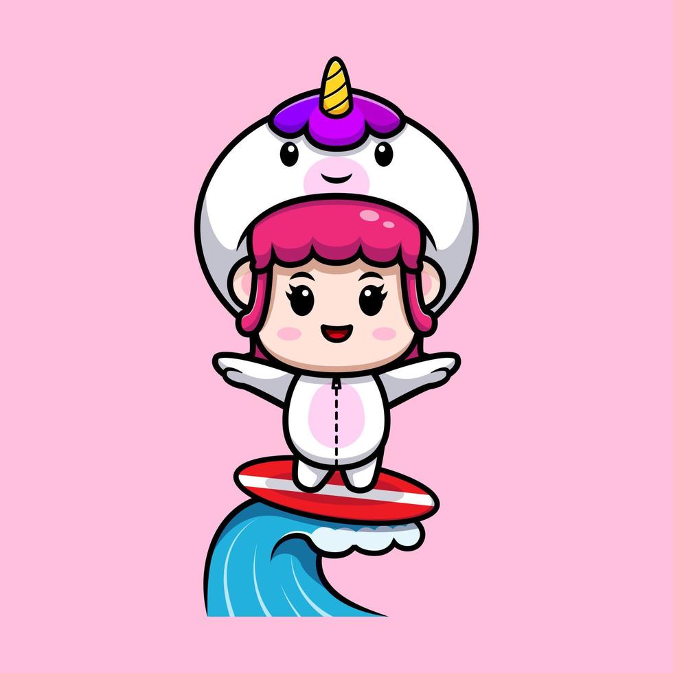 design of cute girl wearing unicorn costume. animal costume character cartoon illustration for sticker, poster, animation, children book, or other digital and print product vector