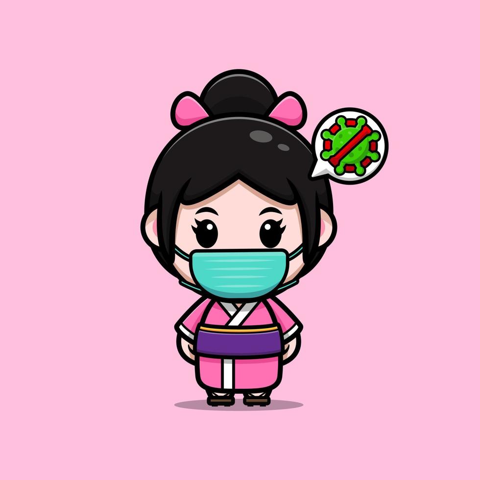 Linda chica con icono de dibujos animados de mascota de kimono. Ilustración de personaje de mascota kawaii para pegatina, póster, animación, libro para niños u otro producto digital e impreso vector