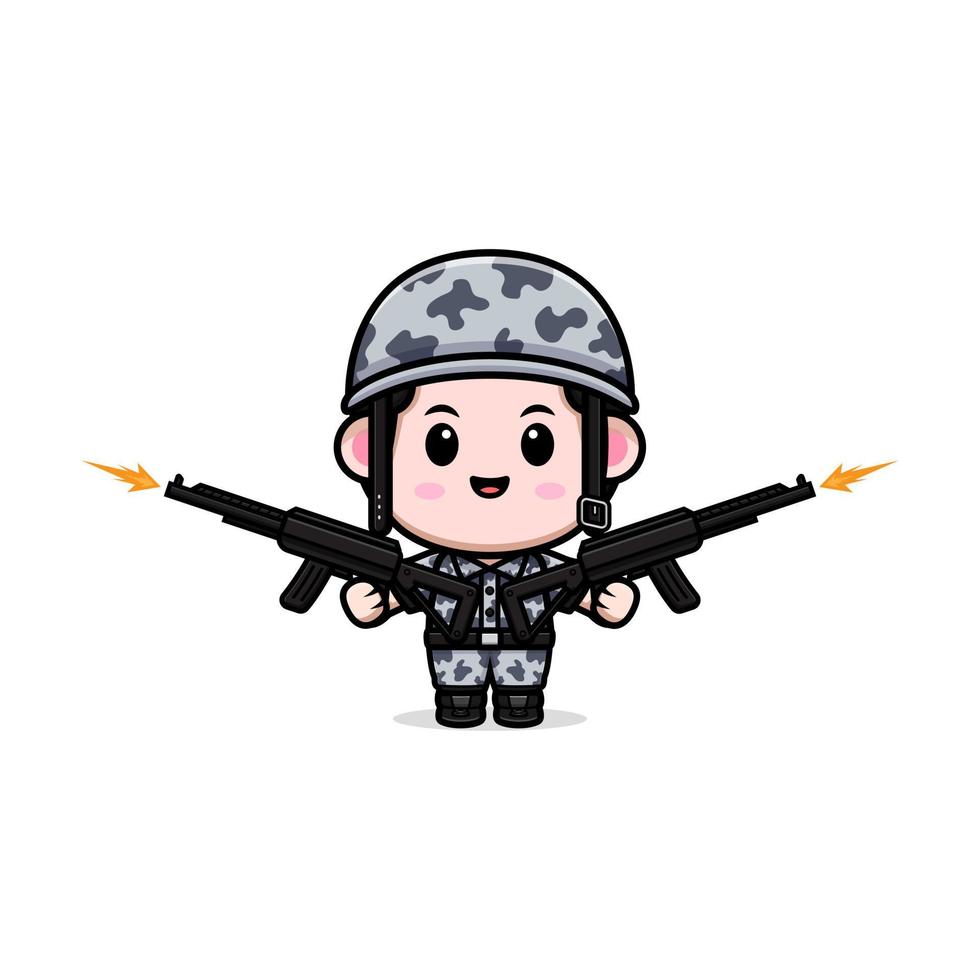 lindo icono de dibujos animados de la mascota del ejército. Ilustración de personaje de mascota kawaii para pegatina, póster, animación, libro para niños u otro producto digital e impreso vector