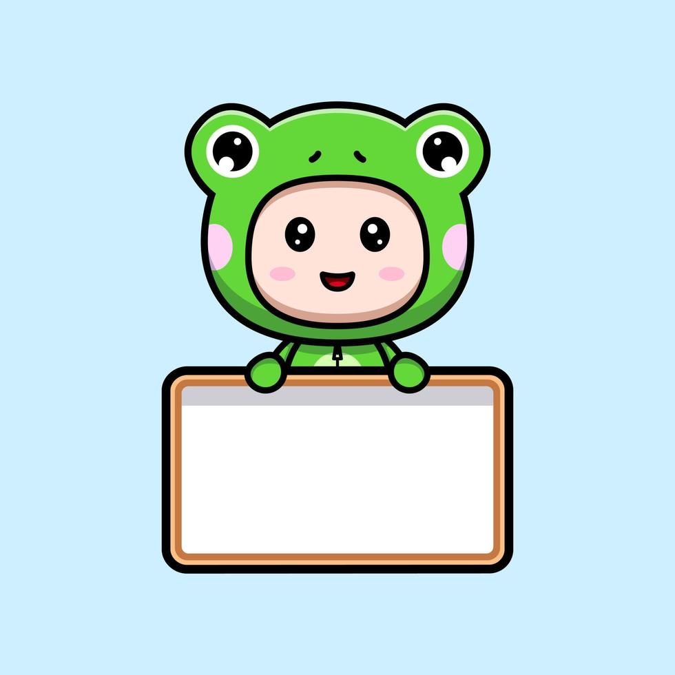 Design of cute boy wearing frog costume holding blank text board vector