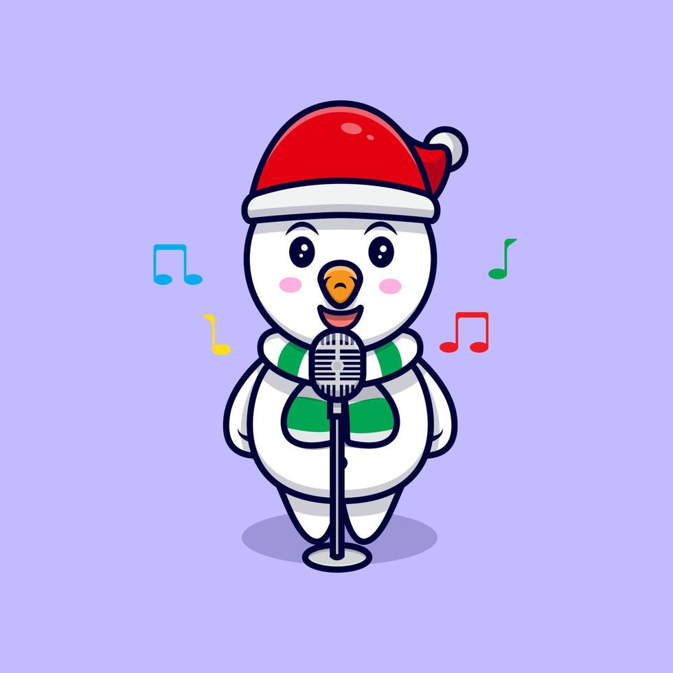 Ilustración de vector de dibujos animados lindo muñeco de nieve cantando mascota.