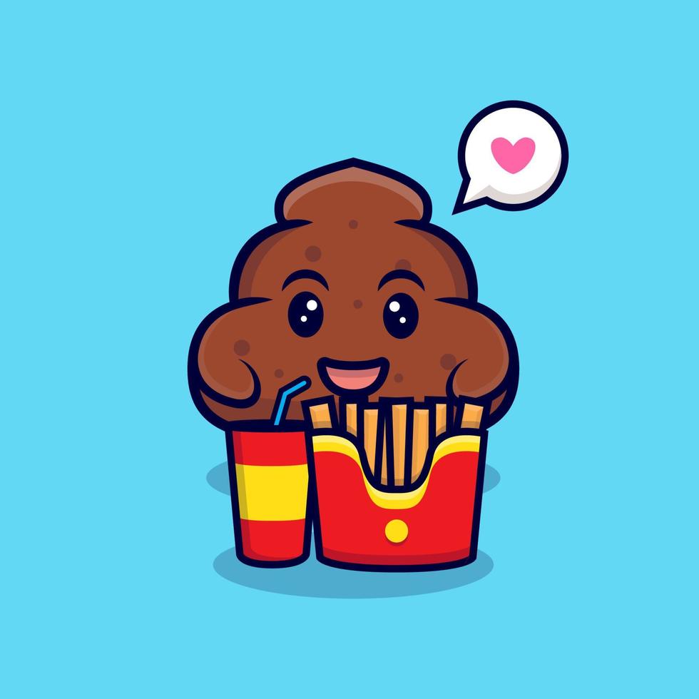 Cute Poop Loves  Fast Food Cartoon Vector Icon Illustration