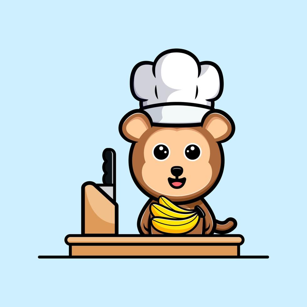 Cute monkey chef with banana cartoon mascot vector