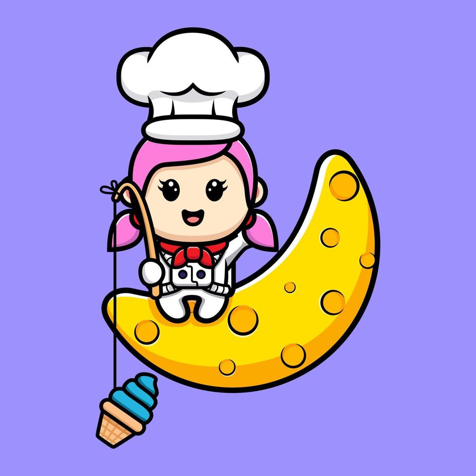 Cute girl chef catching ice cream from moon mascot design vector