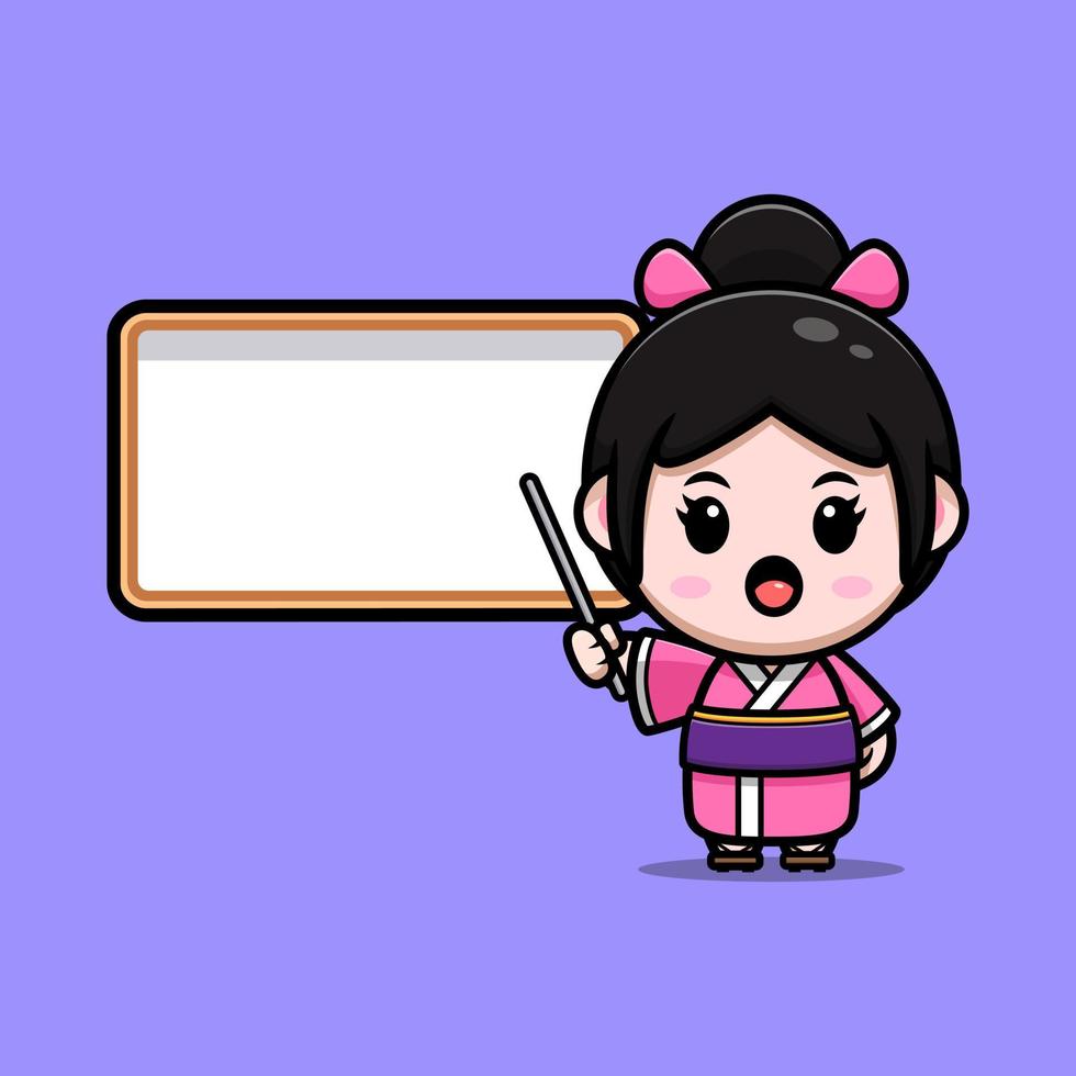 Linda chica con icono de dibujos animados de mascota de kimono. Ilustración de personaje de mascota kawaii para pegatina, póster, animación, libro para niños u otro producto digital e impreso vector