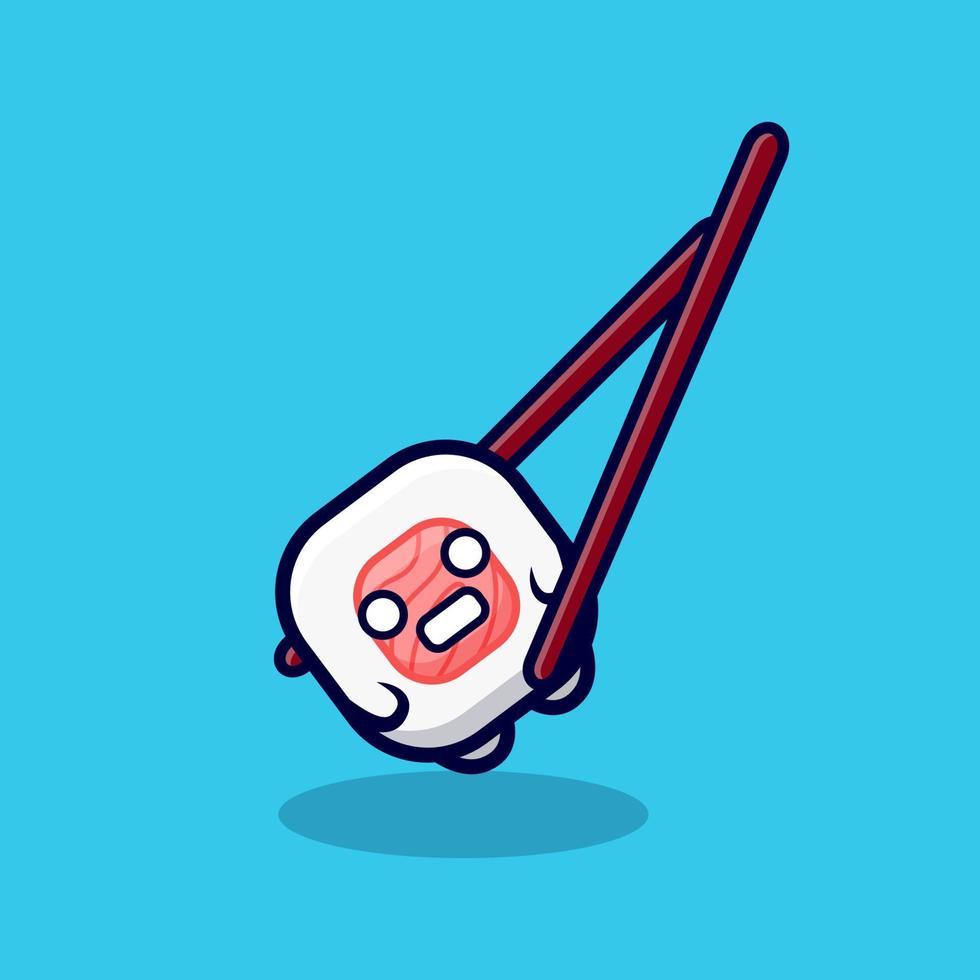 lindo rollo de sushi tiene miedo de ser comido ilustración de icono de vector de dibujos animados