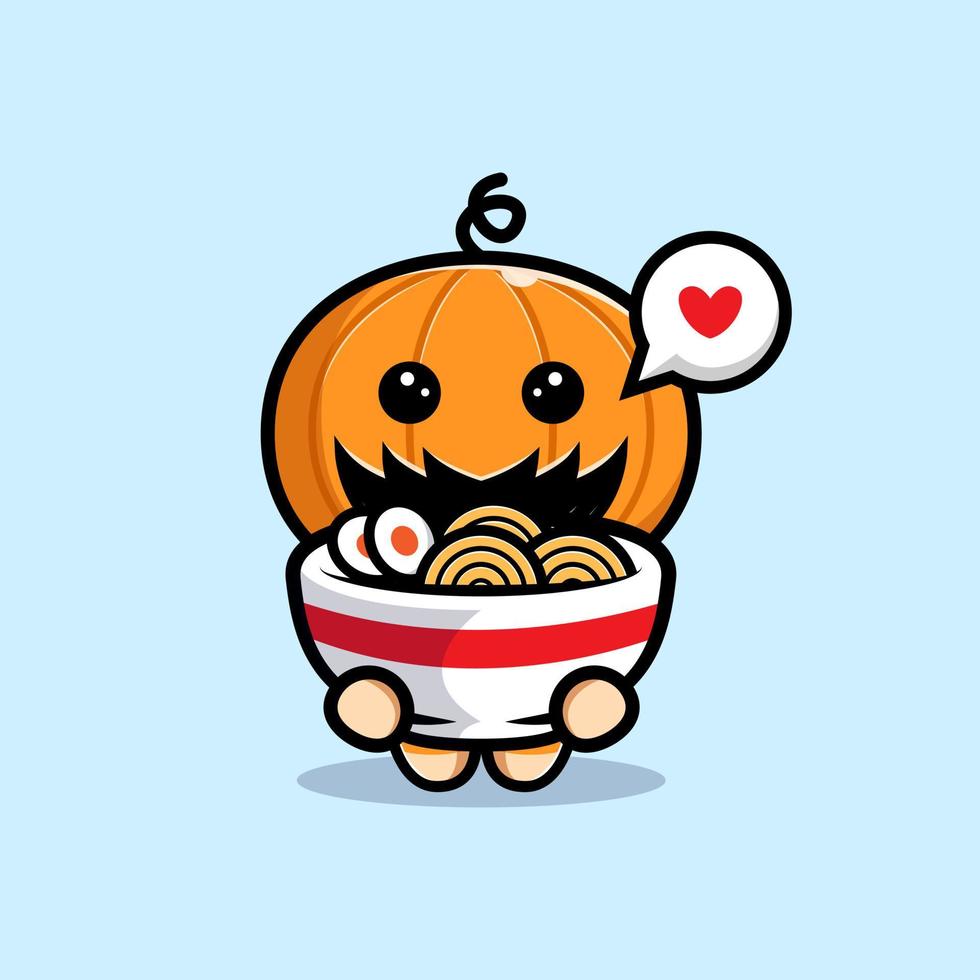 lindo personaje de calabaza ama la ilustración de dibujos animados de fideos ramen vector