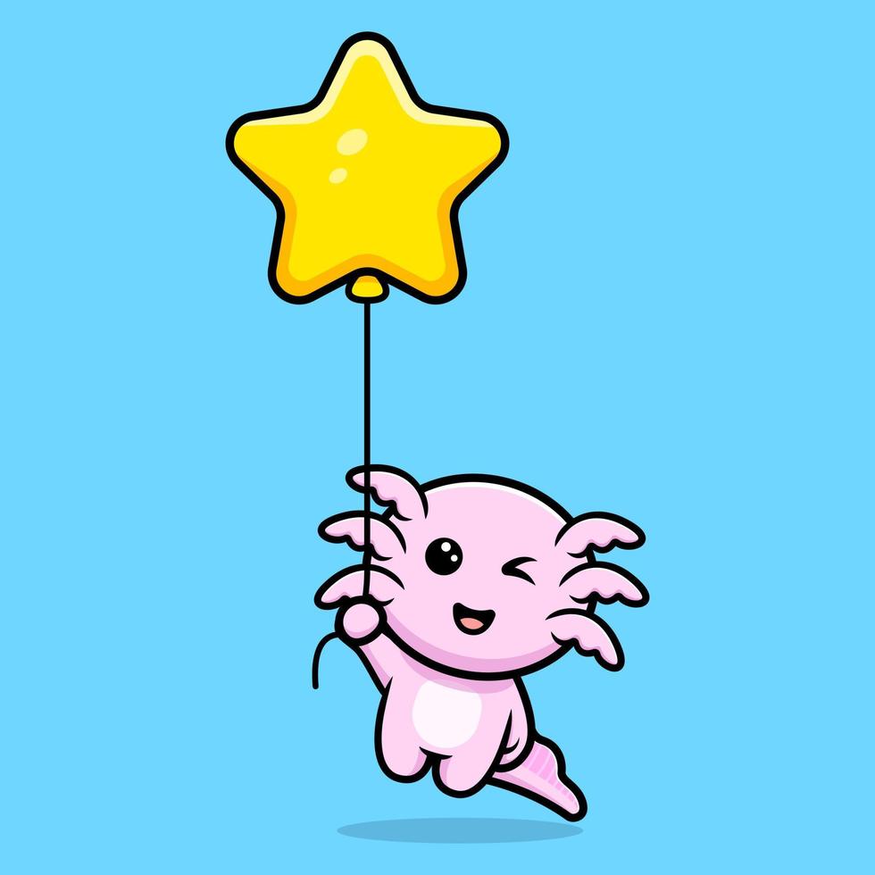 Cute oxolotl floating with star balloon cartoon character vector