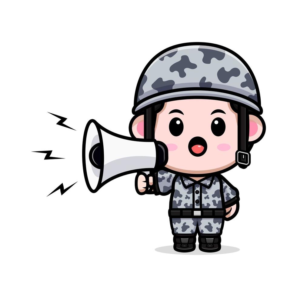 lindo icono de dibujos animados de la mascota del ejército. Ilustración de personaje de mascota kawaii para pegatina, póster, animación, libro para niños u otro producto digital e impreso vector