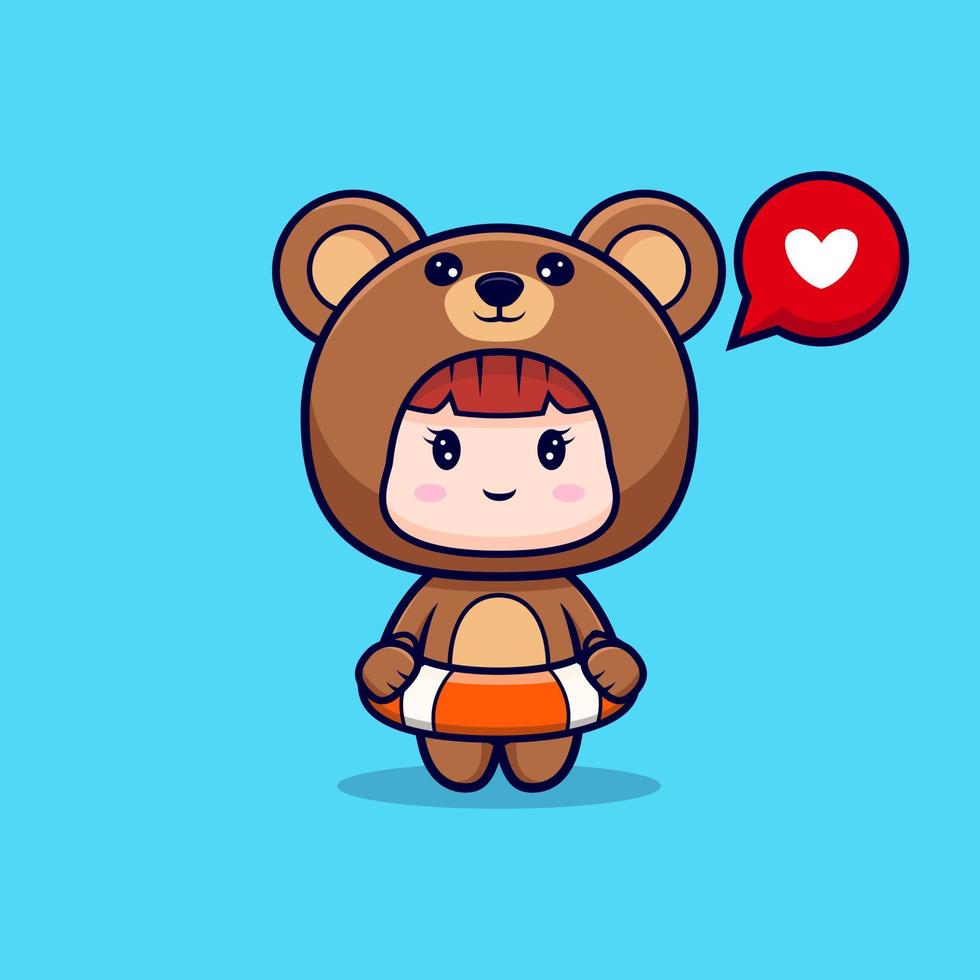 diseño de linda chica con traje de oso. Ilustración de dibujos animados de personajes de disfraces de animales para calcomanías, carteles, animaciones, libros para niños u otros productos digitales e impresos vector