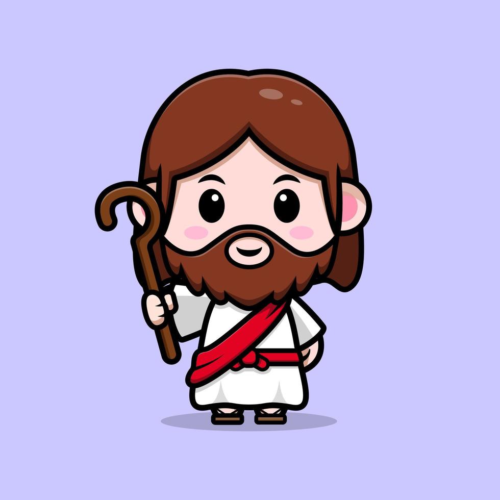 Lindo icono de dibujos animados de la mascota de Jesucristo. Ilustración de personaje de mascota kawaii para pegatina, póster, animación, libro para niños u otro producto digital e impreso vector