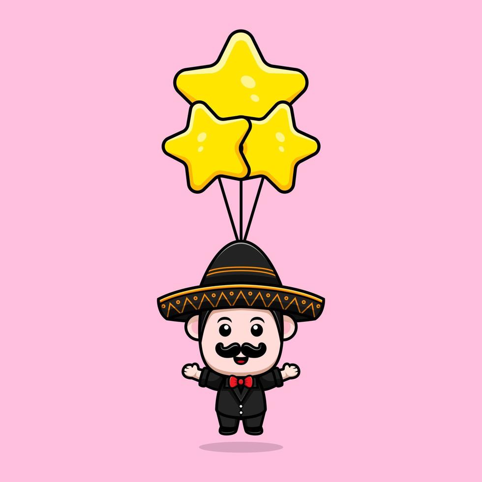 Lindo icono de dibujos animados de la mascota de mariachi mexicano. Ilustración de personaje de mascota kawaii para pegatina, póster, animación, libro para niños u otro producto digital e impreso vector