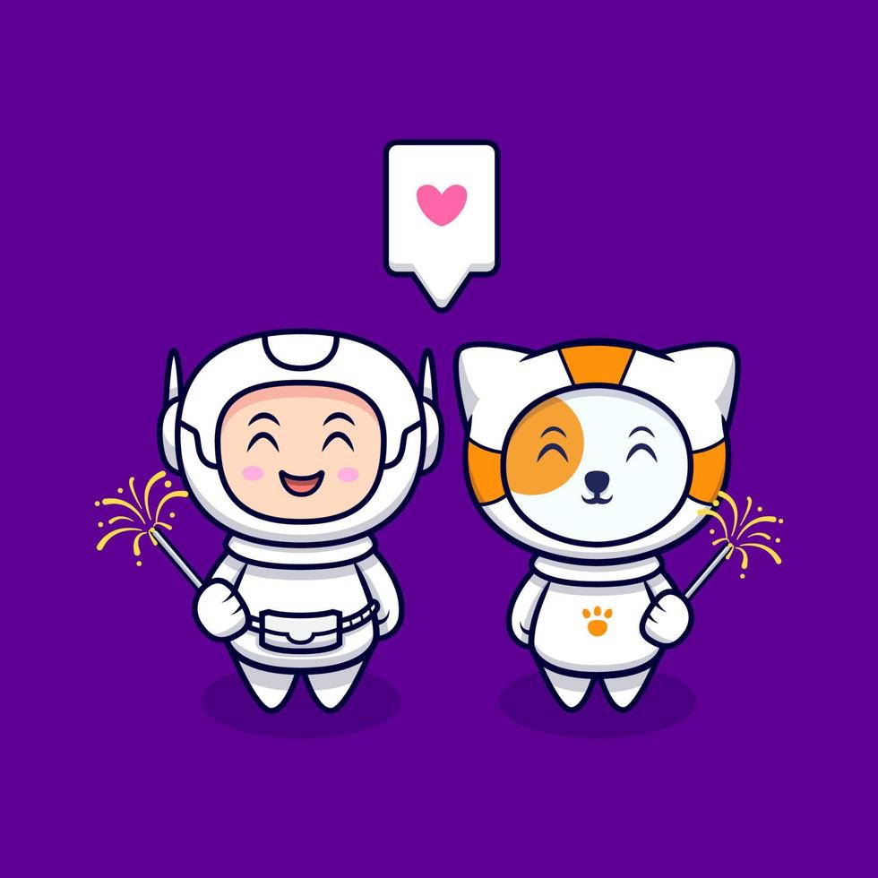 Cute Astronaut Loves to Playing Fireworks Cartoon Vector Icon Illustration. Flat Cartoon Style