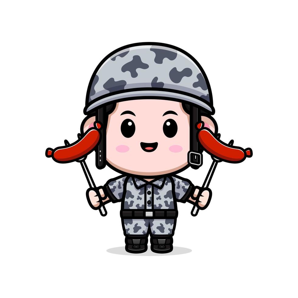 lindo icono de dibujos animados de la mascota del ejército. Ilustración de personaje de mascota kawaii para pegatina, póster, animación, libro para niños u otro producto digital e impreso vector