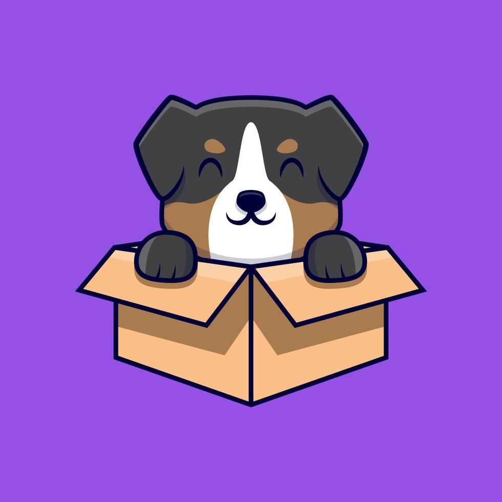 Cute Australian Shepherd Dog Sitting in The Box Cartoon Icon Illustration vector