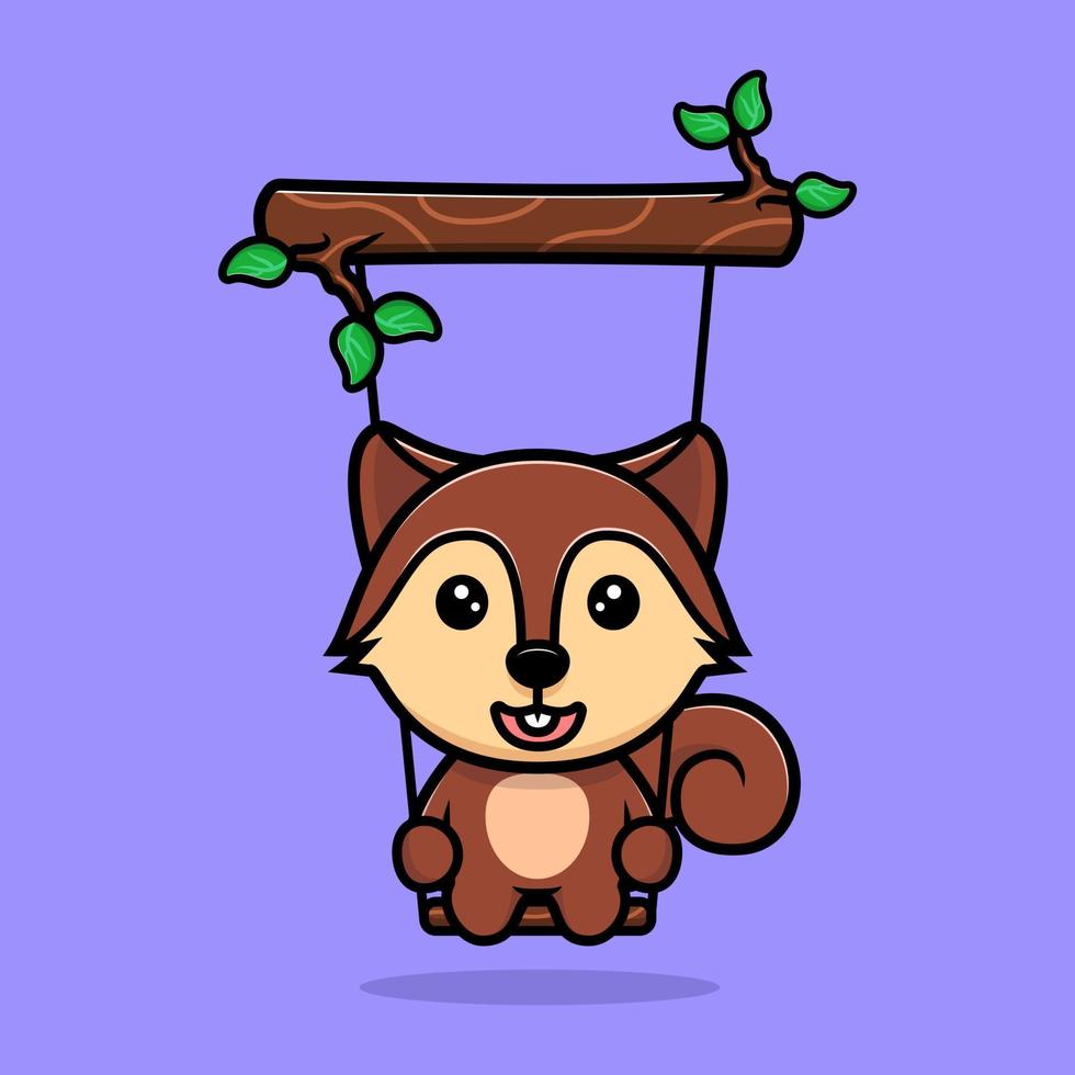 Cute squirrel swinging on tree mascot character. Animal icon illustration vector