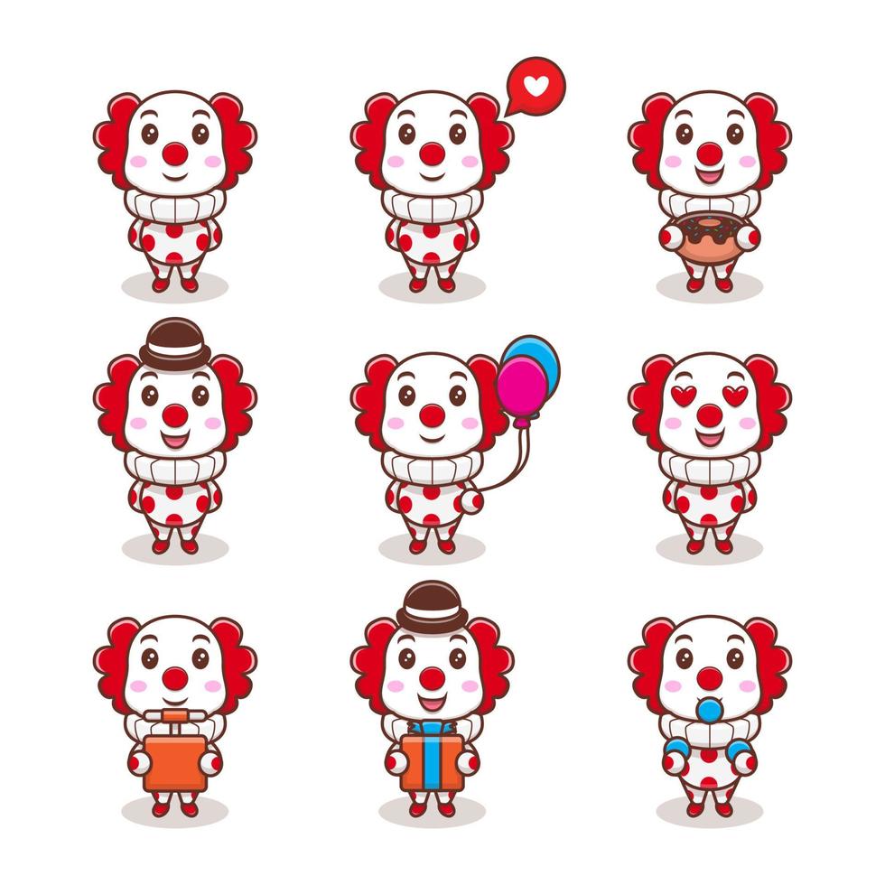 payaso lindo con diferentes expresiones establecer ilustración de icono de vector de dibujos animados. estilo de dibujos animados plano adecuado para libro de cuentos, volante, pegatina, tarjeta