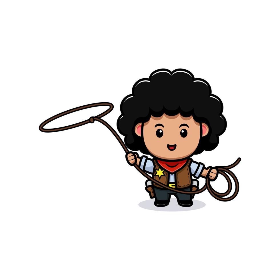 cute curly cowboy mascot cartoon icon. kawaii mascot character illustration for sticker, poster, animation, children book, or other digital and print product vector