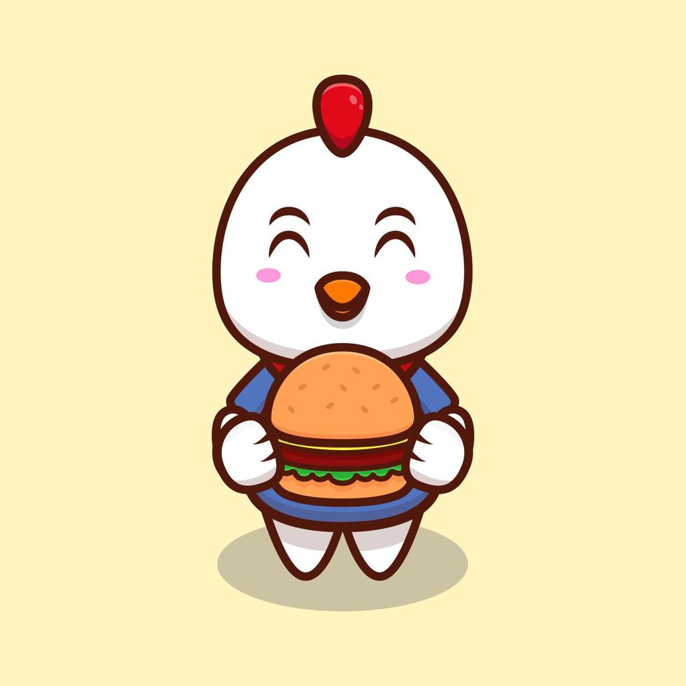 Cute Chicken Bring a Burger Cartoon Icon Illustration. vector