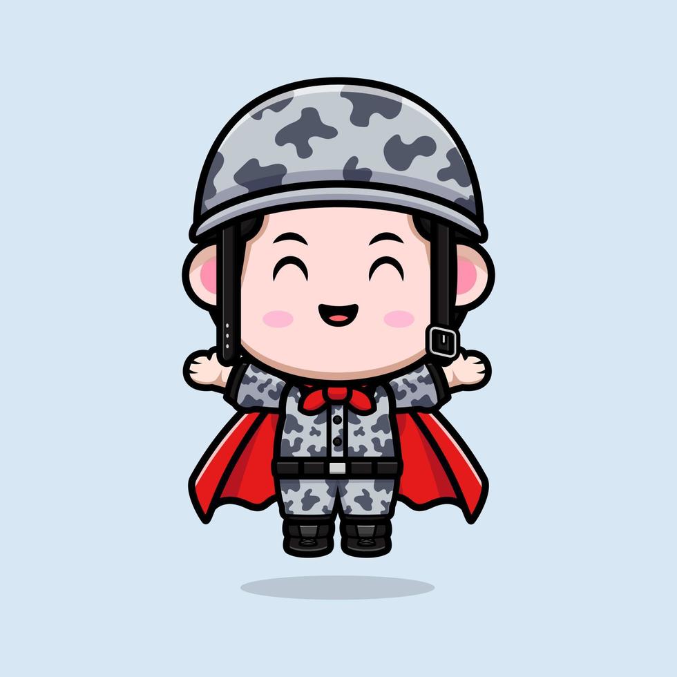 lindo icono de dibujos animados de la mascota del ejército. Ilustración de personaje de mascota kawaii para pegatina, póster, animación, libro para niños u otro producto digital e impreso vector