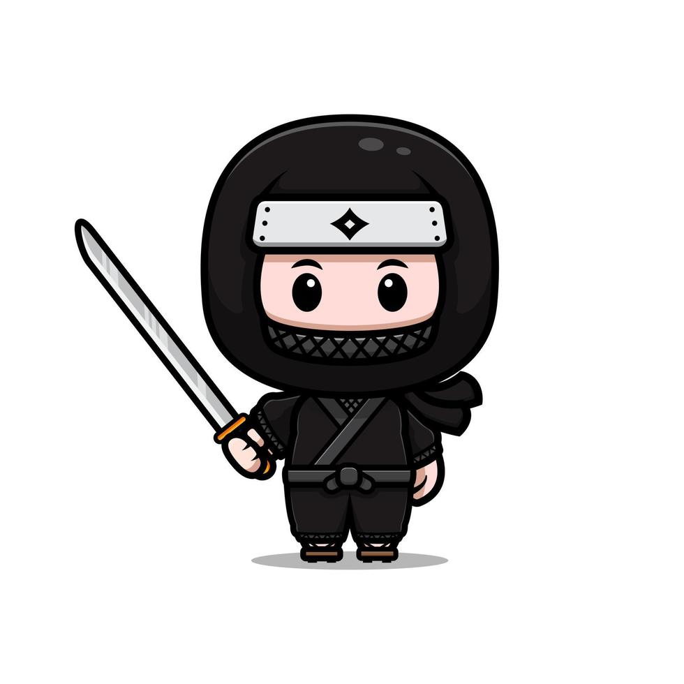 Lindo icono de dibujos animados de mascota ninja. Ilustración de personaje de mascota kawaii para pegatina, póster, animación, libro para niños u otro producto digital e impreso vector