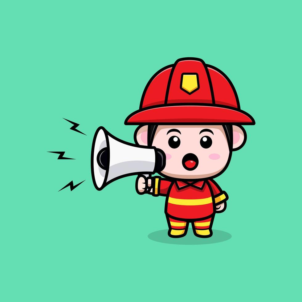 Lindo icono de dibujos animados de mascota de bombero. Ilustración de personaje de mascota kawaii para pegatina, póster, animación, libro para niños u otro producto digital e impreso vector