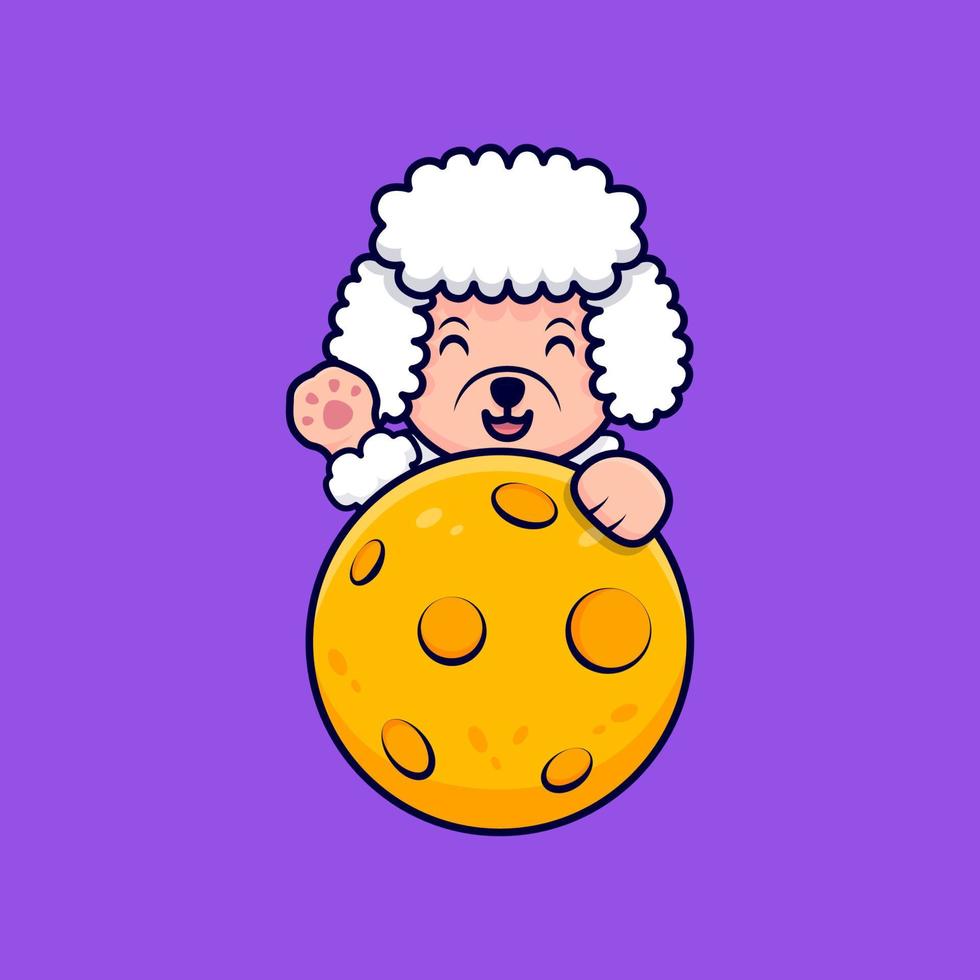 Cute Poodle Dog Waving Paws Behind Moon Cartoon Icon Illustration vector